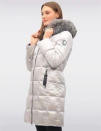 Beatrice Shiny Ciré Quilted Puffer Coat with Genuine Fur Trim Hood by Sokos
