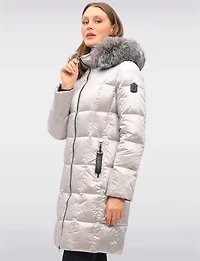Beatrice Shiny Ciré Quilted Puffer Coat with Genuine Fur Trim Hood by Sokos