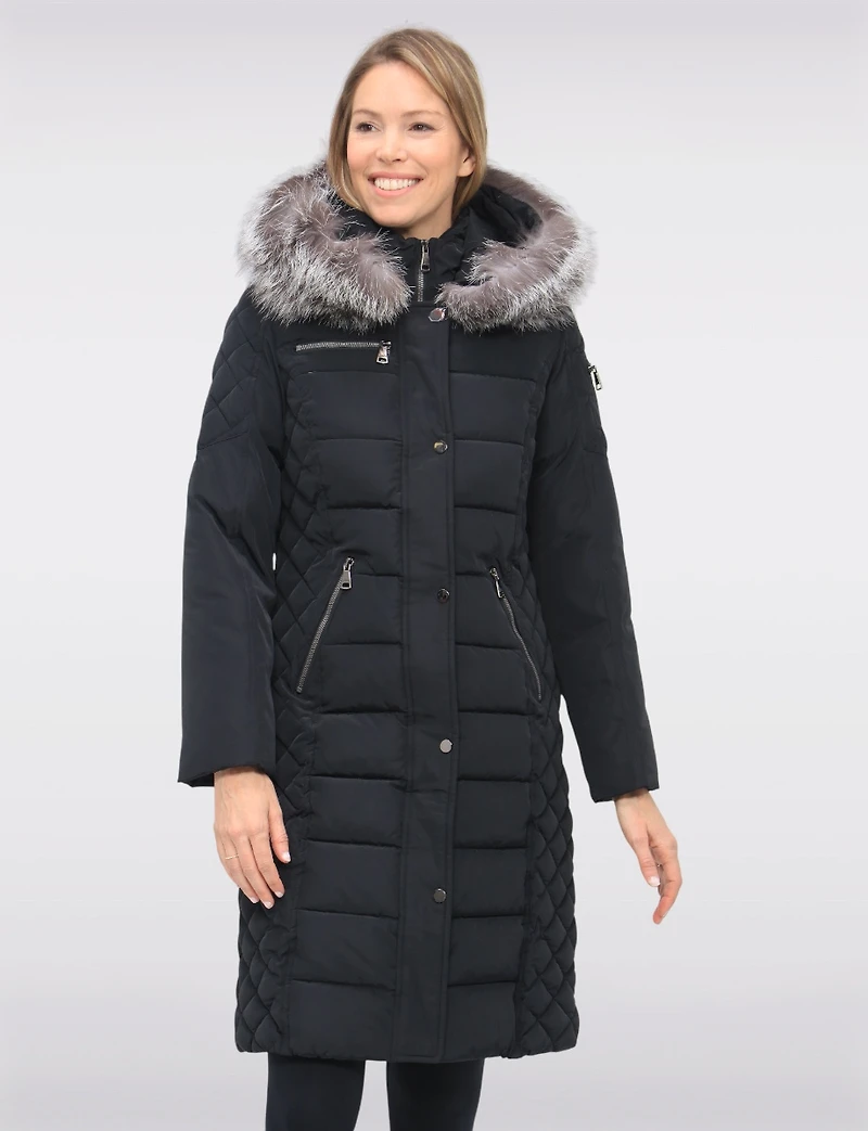 Daphne Mid-length Straight Cut Quilted Coat with Genuine Fur Trim Hood by Sokos