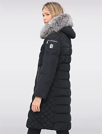 Daphne Mid-length Straight Cut Quilted Coat with Genuine Fur Trim Hood by Sokos