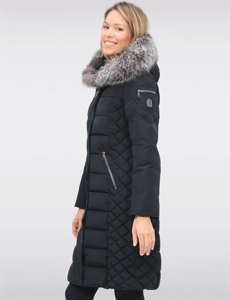 Daphne Mid-length Straight Cut Quilted Coat with Genuine Fur Trim Hood by Sokos