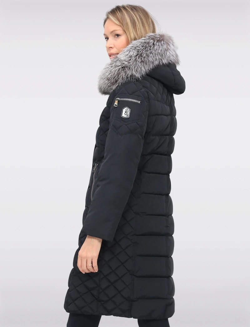 Daphne Mid-length Straight Cut Quilted Coat with Genuine Fur Trim Hood by Sokos
