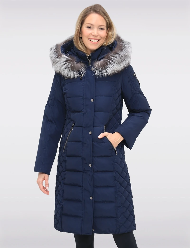 Daphne Mid-length Straight Cut Quilted Coat with Genuine Fur Trim Hood by Sokos