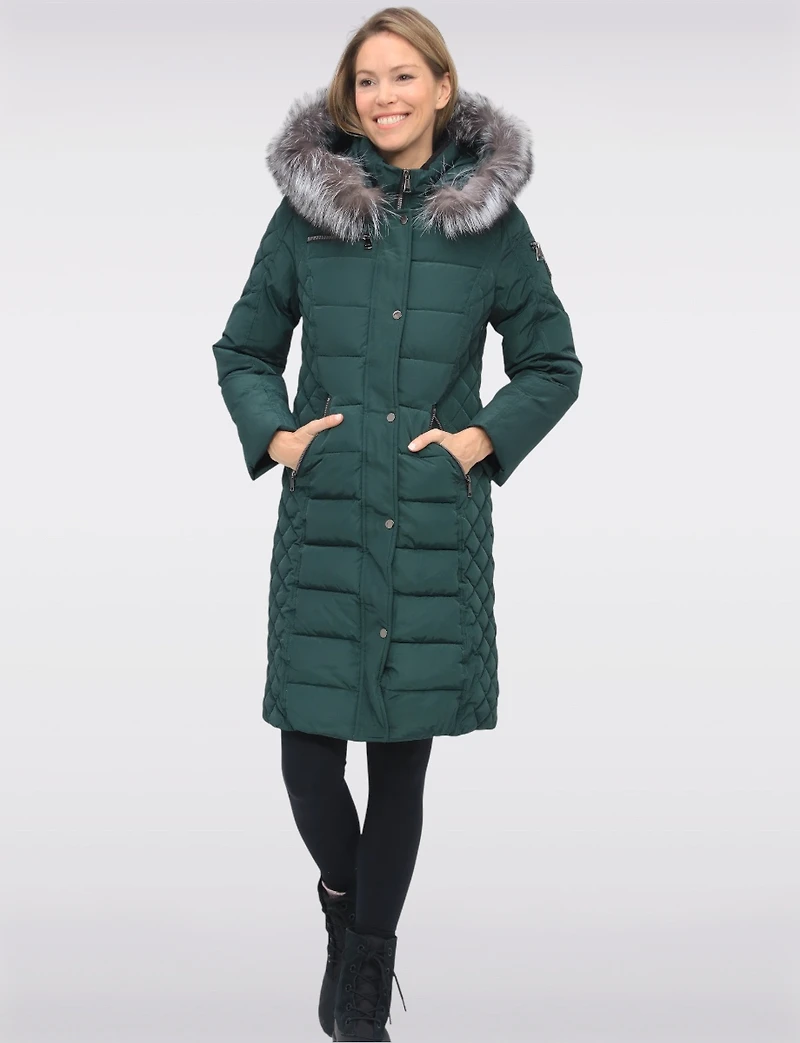 Daphne Mid-length Straight Cut Quilted Coat with Genuine Fur Trim Hood by Sokos