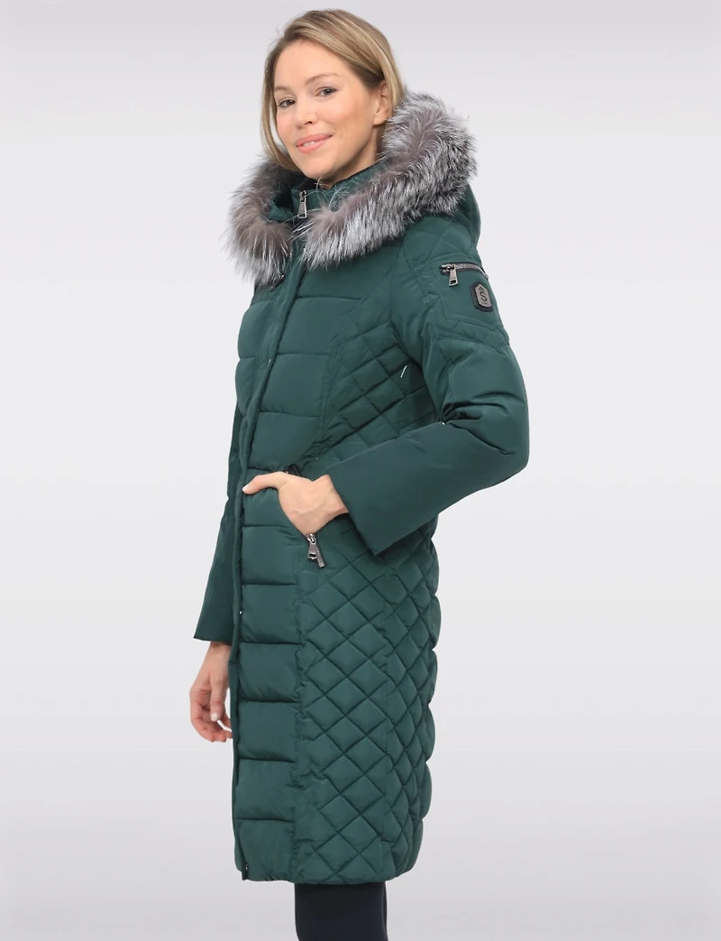 Daphne Mid-length Straight Cut Quilted Coat with Genuine Fur Trim Hood by Sokos