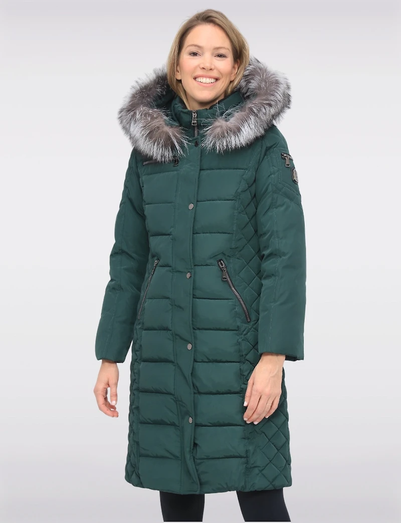 Daphne Mid-length Straight Cut Quilted Coat with Genuine Fur Trim Hood by Sokos