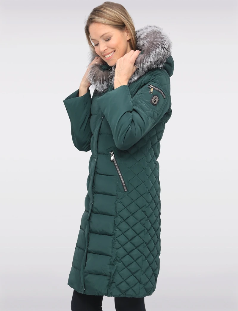Daphne Mid-length Straight Cut Quilted Coat with Genuine Fur Trim Hood by Sokos