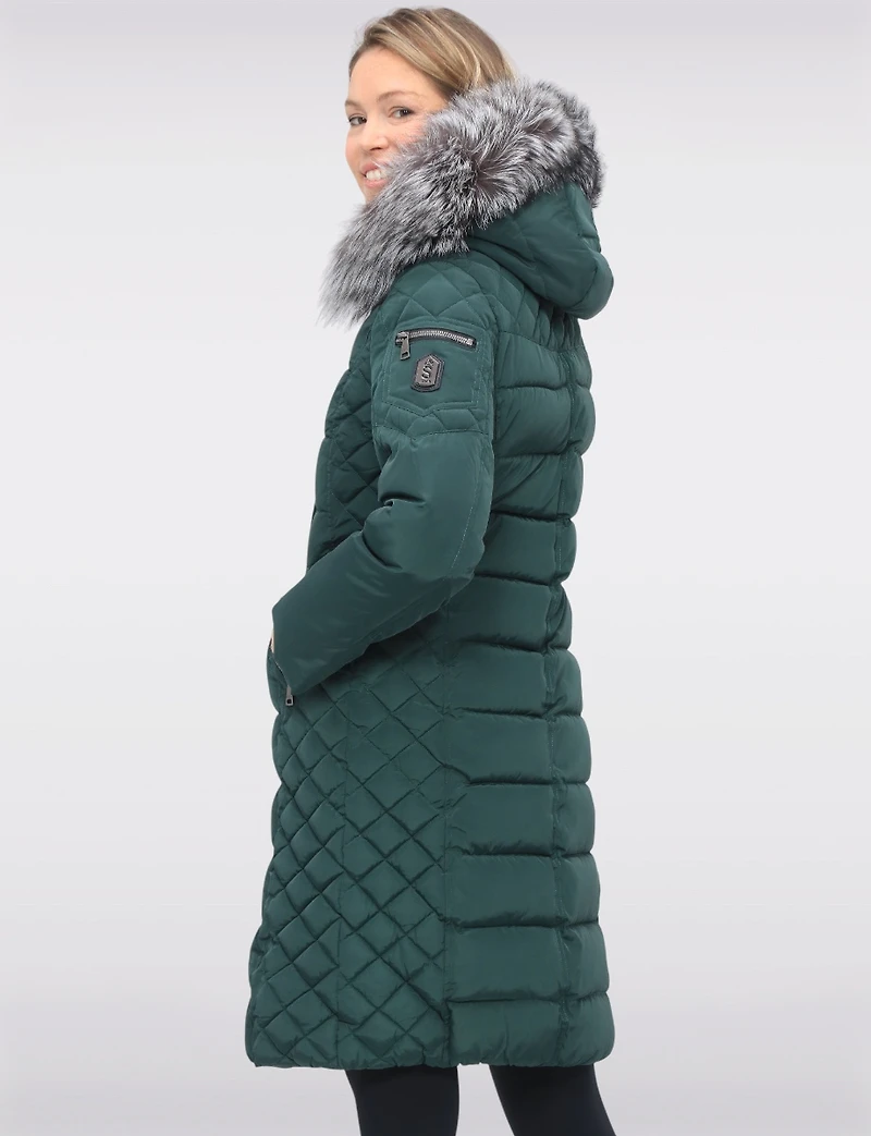 Daphne Mid-length Straight Cut Quilted Coat with Genuine Fur Trim Hood by Sokos