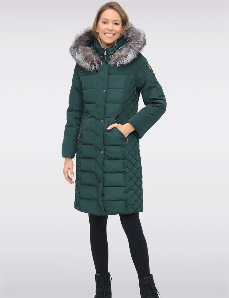 Daphne Mid-length Straight Cut Quilted Coat with Genuine Fur Trim Hood by Sokos