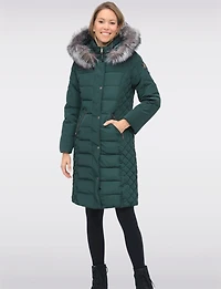 Daphne Mid-length Straight Cut Quilted Coat with Genuine Fur Trim Hood by Sokos