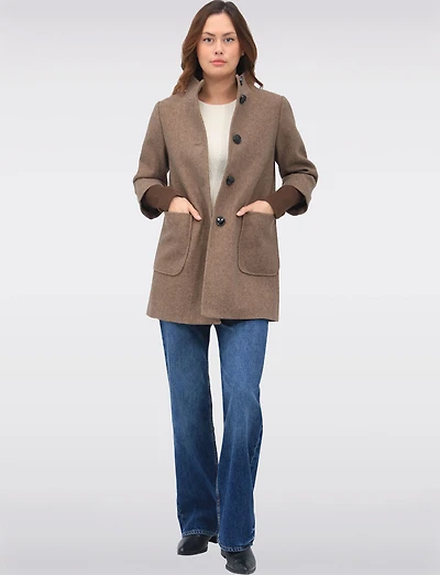 Loose Cut Wool Blend Twill Single Breasted Coat with Chic Knit Cuffs by Saki