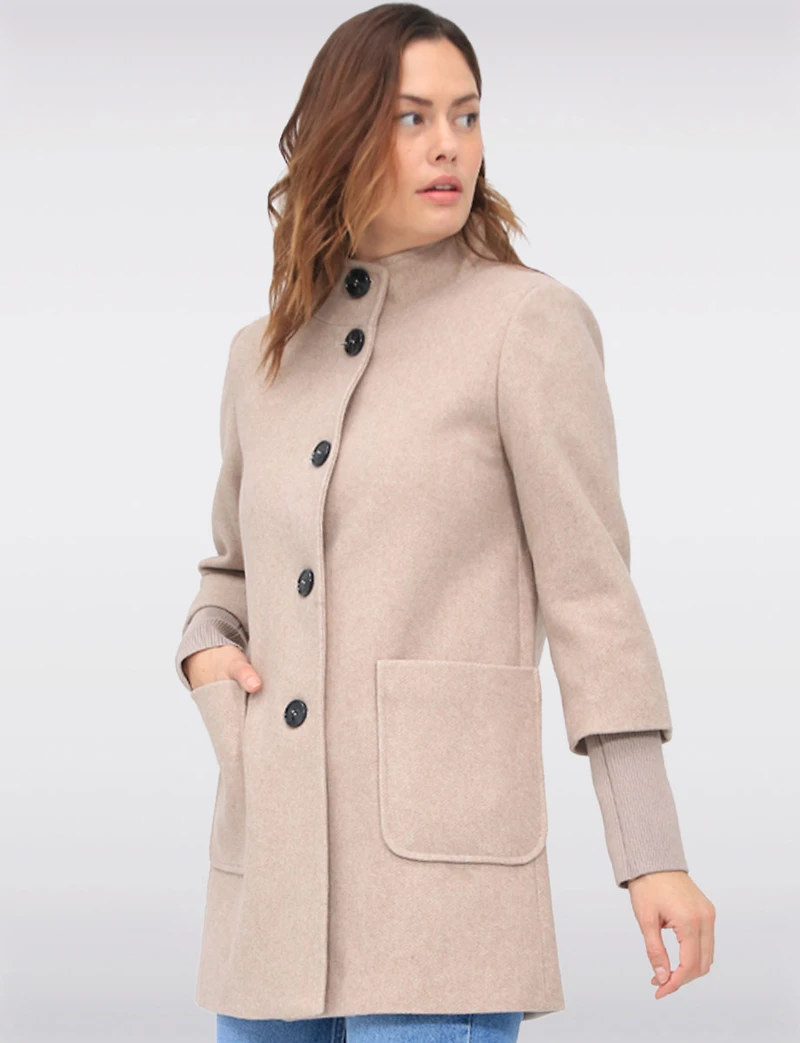 Loose Cut Wool Blend Twill Single Breasted Coat with Chic Knit Cuffs by Saki