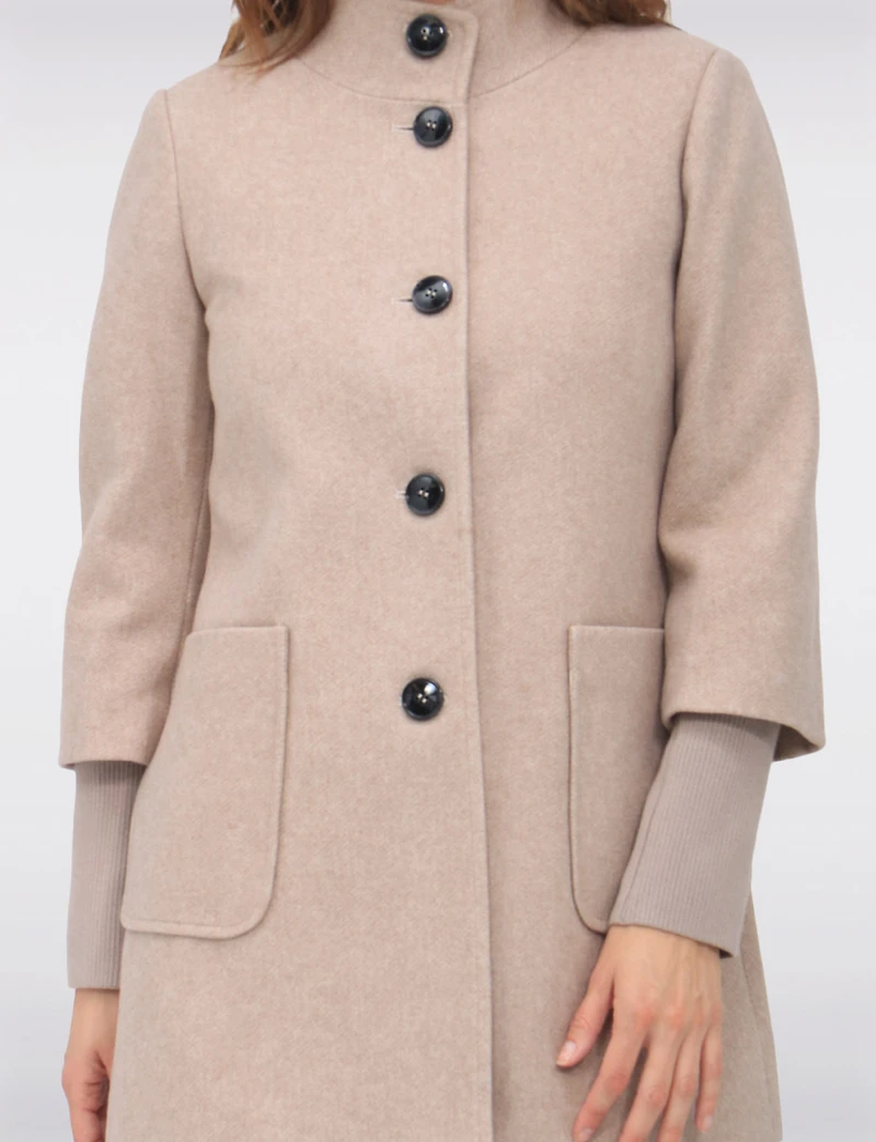 Loose Cut Wool Blend Twill Single Breasted Coat with Chic Knit Cuffs by Saki