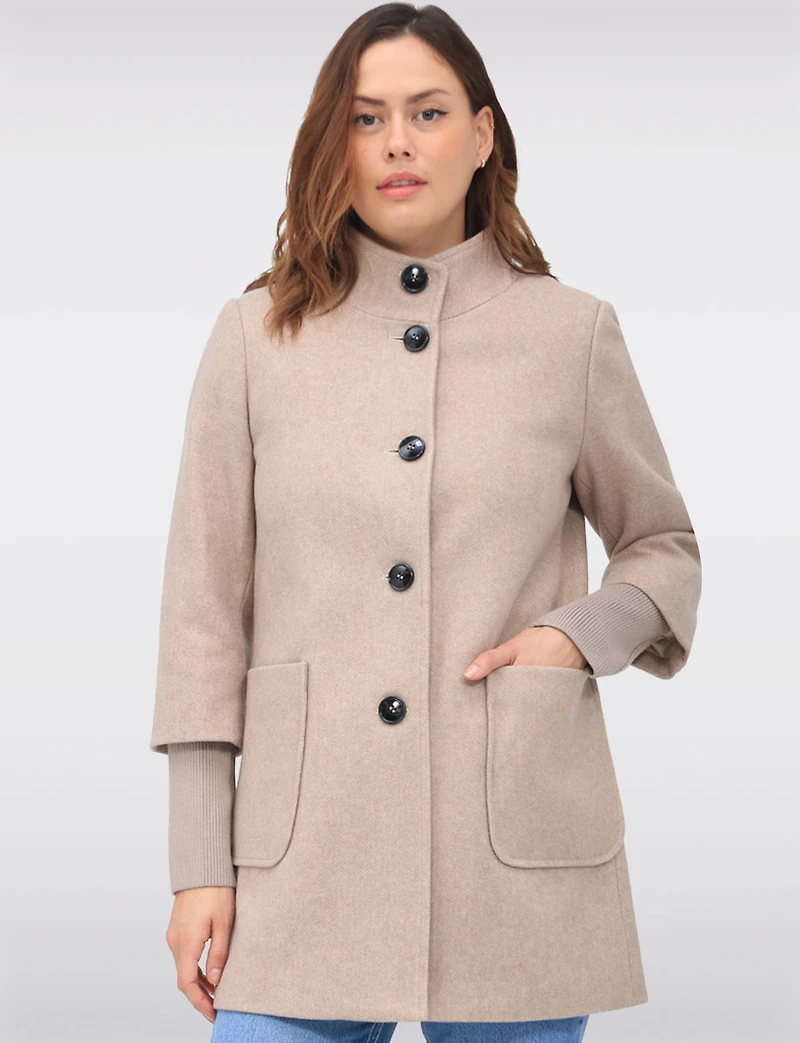 Loose Cut Wool Blend Twill Single Breasted Coat with Chic Knit Cuffs by Saki