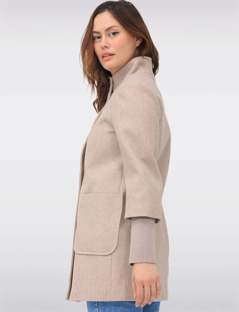 Loose Cut Wool Blend Twill Single Breasted Coat with Chic Knit Cuffs by Saki