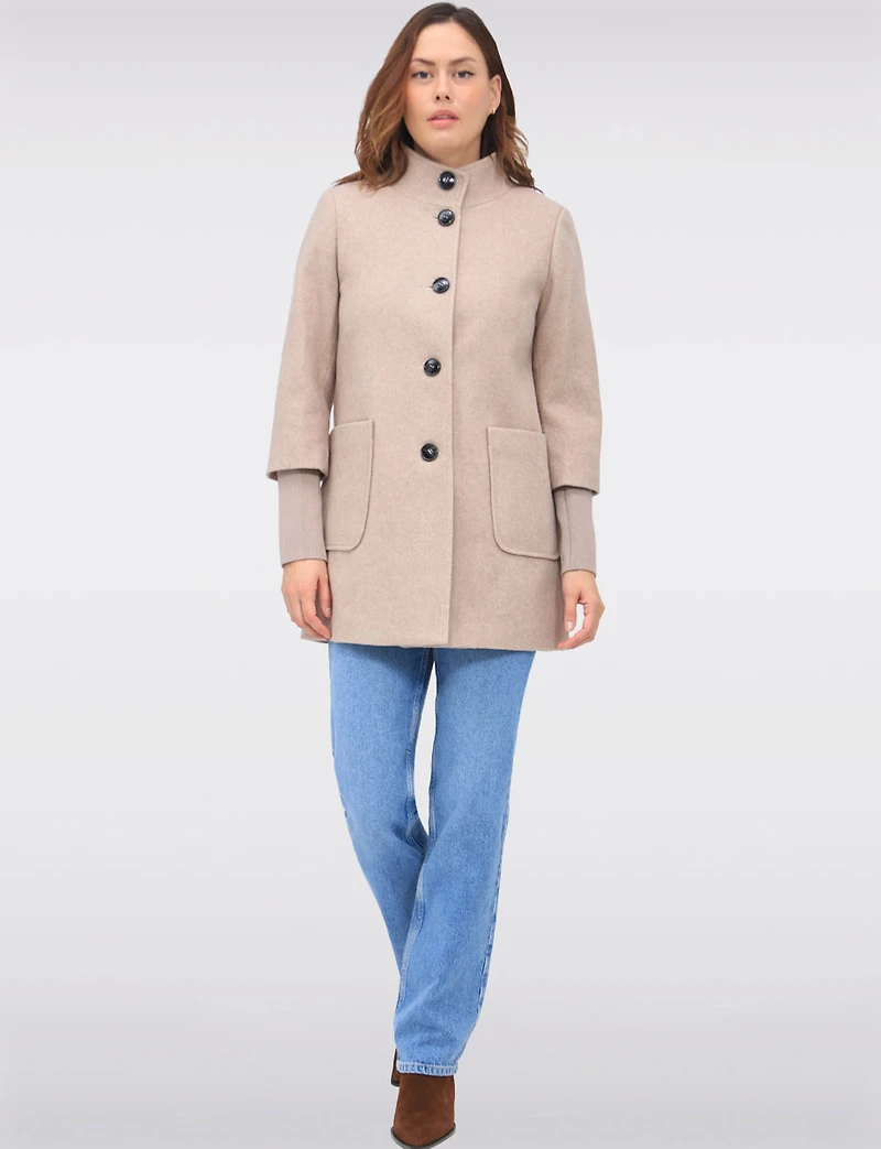 Loose Cut Wool Blend Twill Single Breasted Coat with Chic Knit Cuffs by Saki