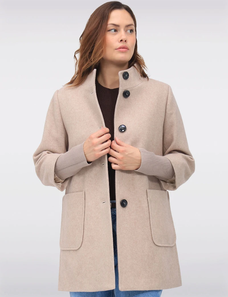 Loose Cut Wool Blend Twill Single Breasted Coat with Chic Knit Cuffs by Saki
