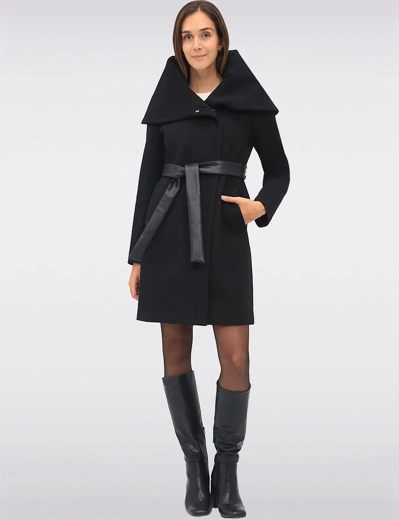 Lucie Vegan Elegant Ribbed Twill Belted Zip-up Coat with Oversized Hood by Saki