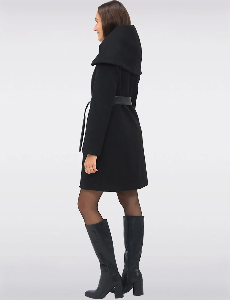 Lucie Vegan Elegant Ribbed Twill Belted Zip-up Coat with Oversized Hood by Saki