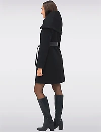 Lucie Vegan Elegant Ribbed Twill Belted Zip-up Coat with Oversized Hood by Saki