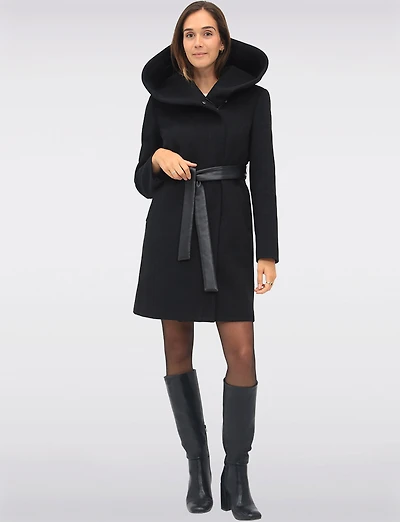 Lucie Vegan Elegant Ribbed Twill Belted Zip-up Coat with Oversized Hood by Saki