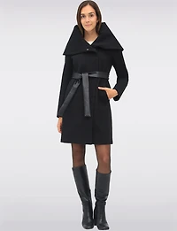 Lucie Vegan Elegant Ribbed Twill Belted Zip-up Coat with Oversized Hood by Saki
