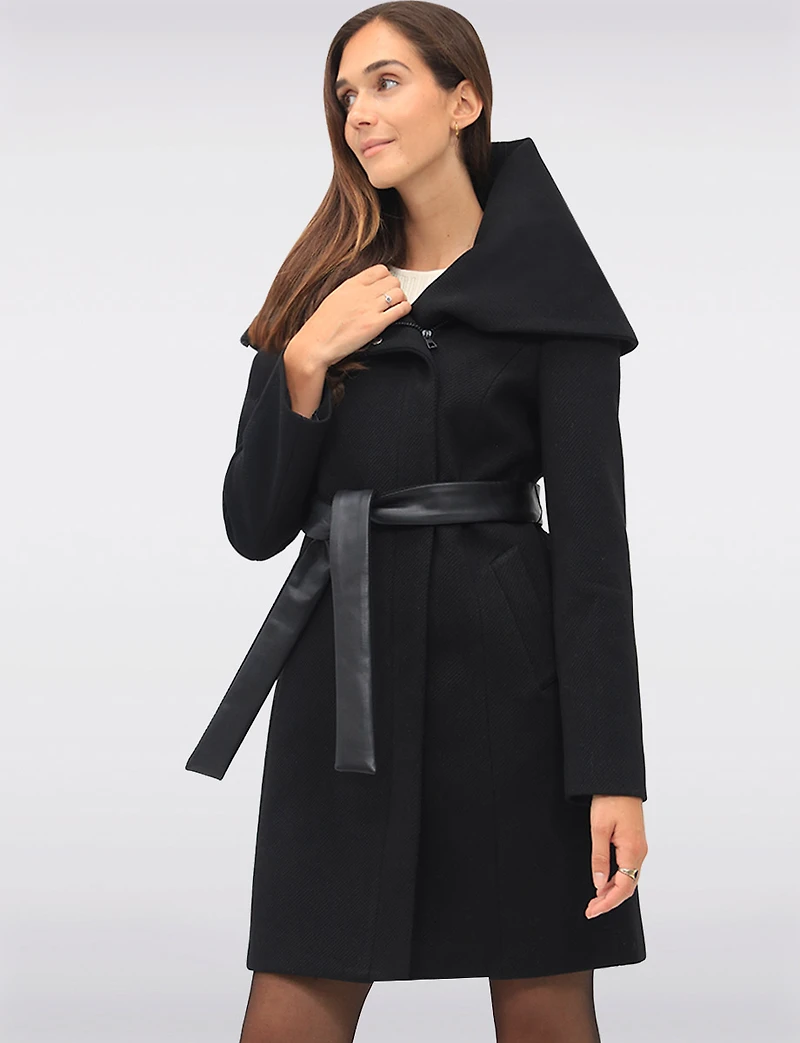 Lucie Vegan Elegant Ribbed Twill Belted Zip-up Coat with Oversized Hood by Saki