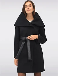 Lucie Vegan Elegant Ribbed Twill Belted Zip-up Coat with Oversized Hood by Saki