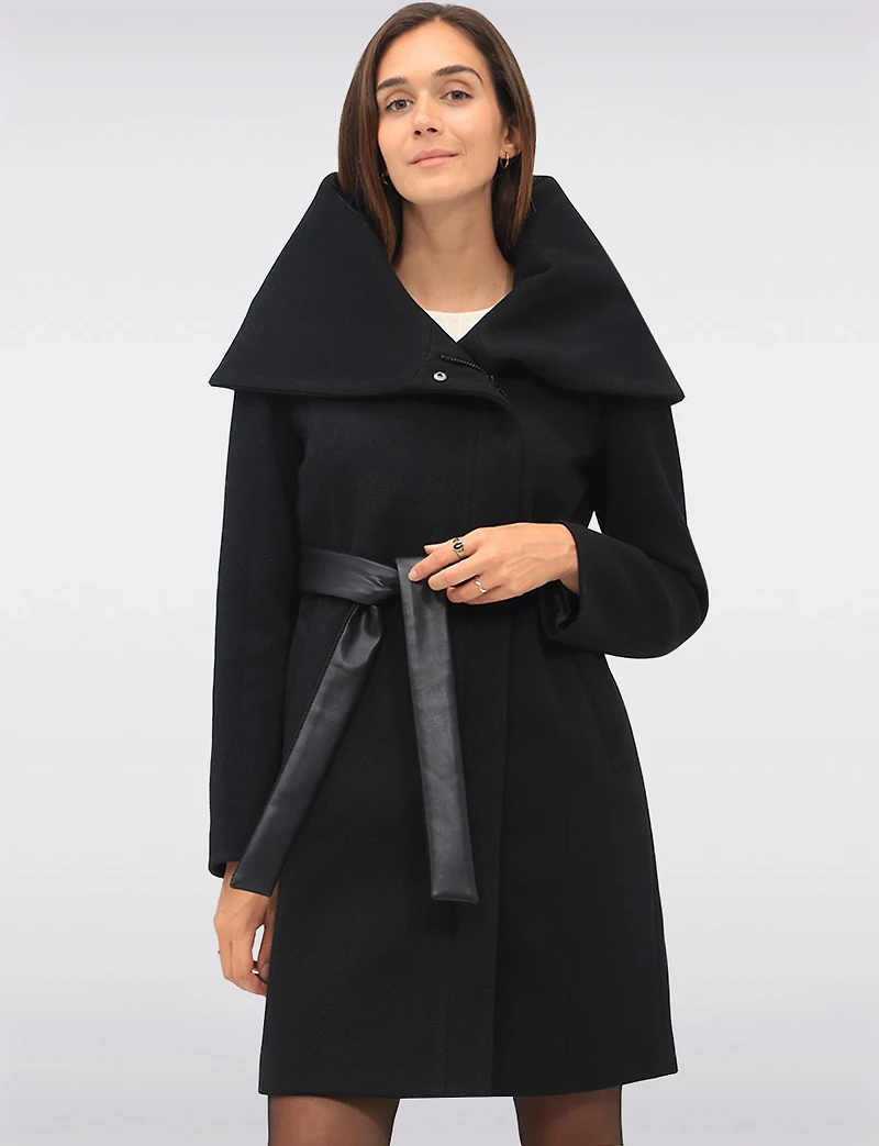Lucie Vegan Elegant Ribbed Twill Belted Zip-up Coat with Oversized Hood by Saki