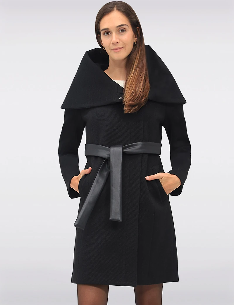 Lucie Vegan Elegant Ribbed Twill Belted Zip-up Coat with Oversized Hood by Saki