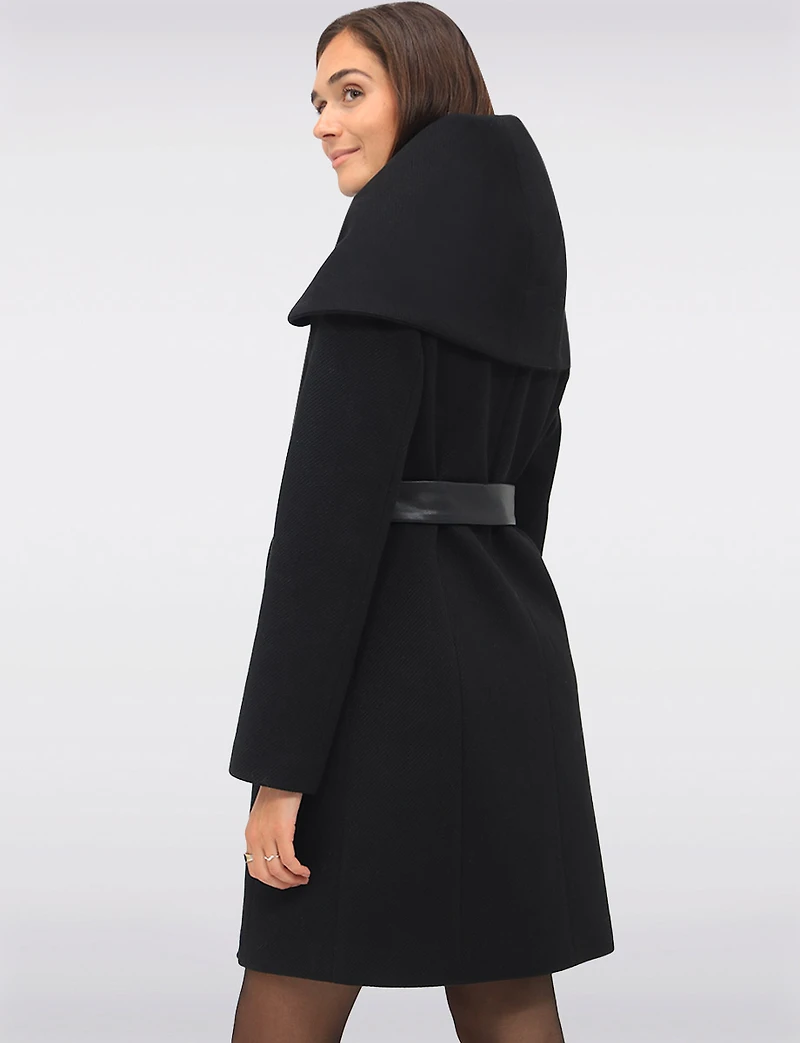 Lucie Vegan Elegant Ribbed Twill Belted Zip-up Coat with Oversized Hood by Saki