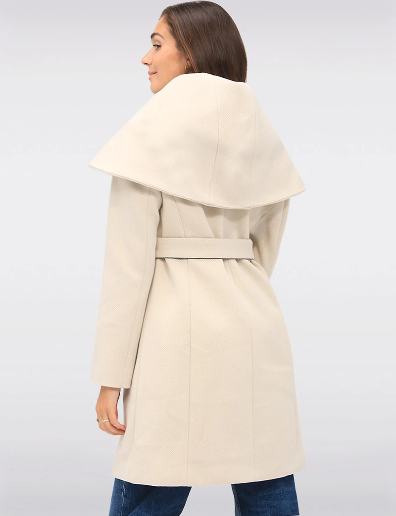 Lucie Vegan Elegant Ribbed Twill Belted Zip-up Coat with Oversized Hood by Saki