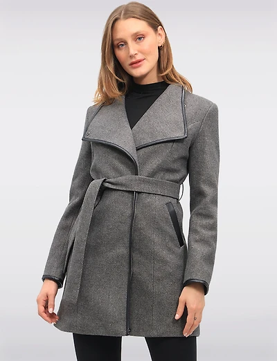 Celine Chic Large-Collar Wool-Blend Belted Coat with Vegan Leather Trim by Saki
