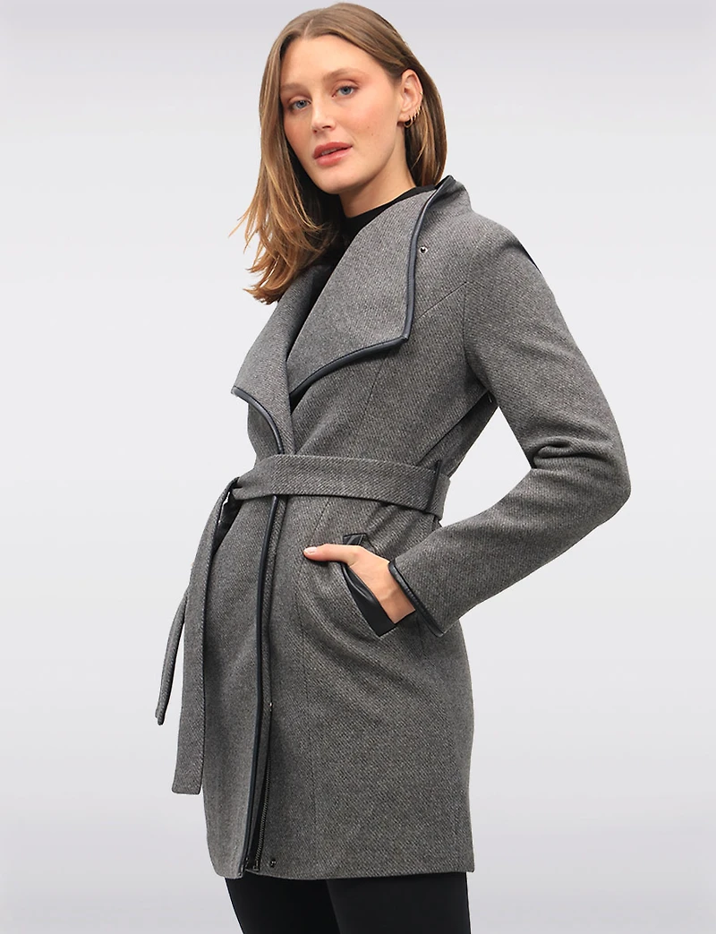 Celine Chic Large-Collar Wool-Blend Belted Coat with Vegan Leather Trim by Saki