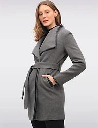 Celine Chic Large-Collar Wool-Blend Belted Coat with Vegan Leather Trim by Saki