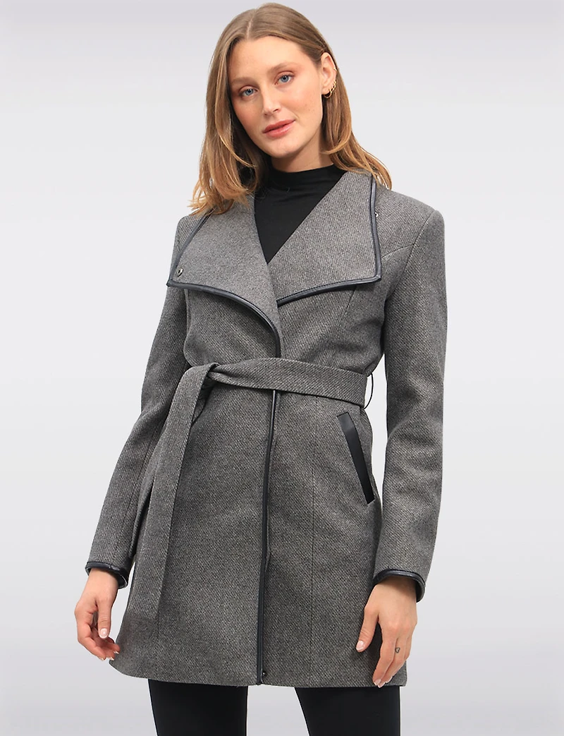Celine Chic Large-Collar Wool-Blend Belted Coat with Vegan Leather Trim by Saki