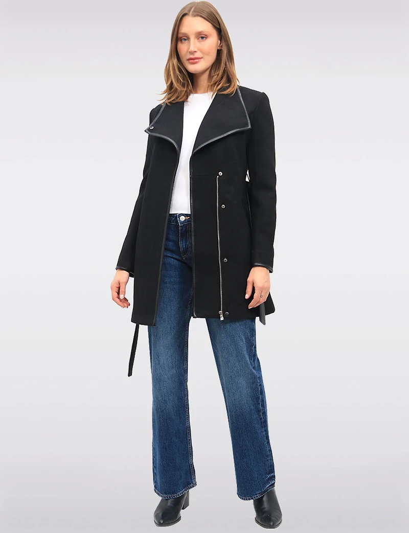 Celine Chic Black Wool-Blend Belted Coat with Vegan Leather Trim by Saki
