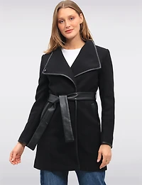 Celine Chic Black Wool-Blend Belted Coat with Vegan Leather Trim by Saki