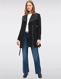 Celine Chic Black Wool-Blend Belted Coat with Vegan Leather Trim by Saki