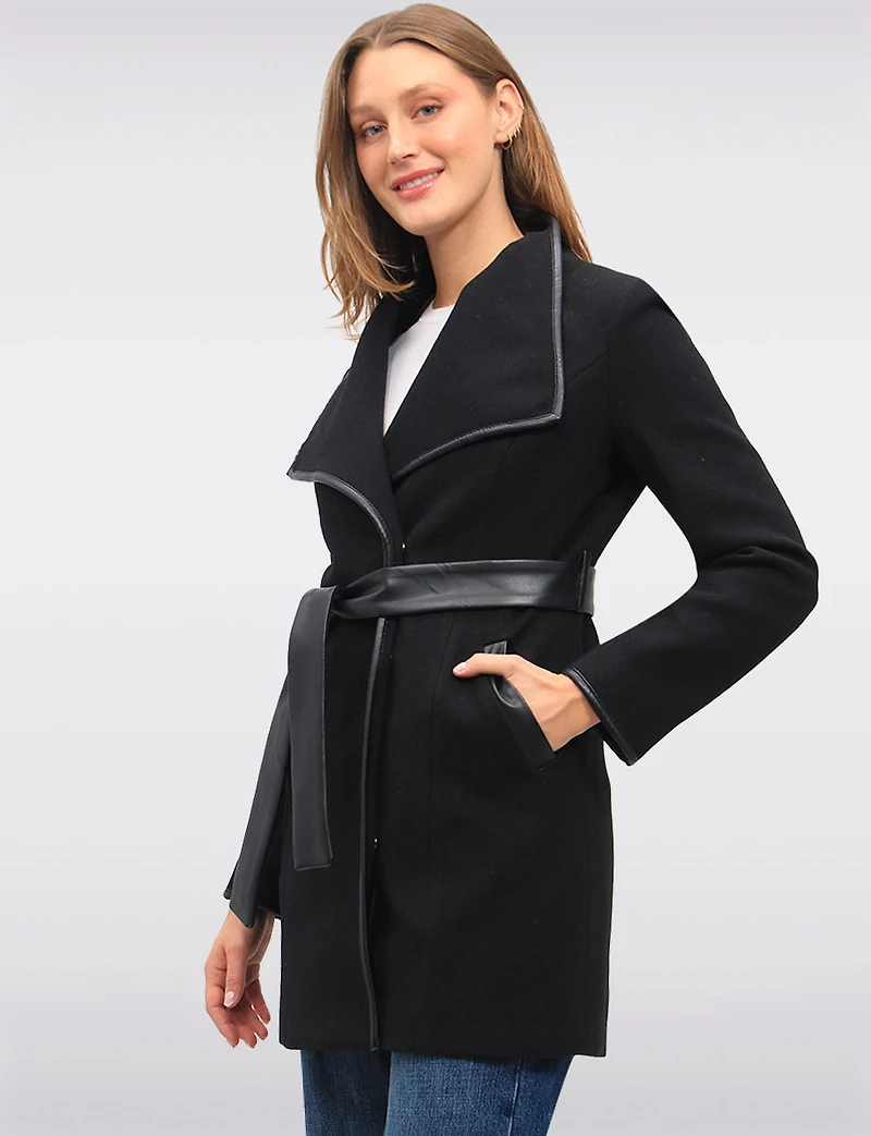 Celine Chic Black Wool-Blend Belted Coat with Vegan Leather Trim by Saki