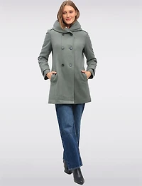 Nelly Double-Breasted Wool-Blend Coat with Sherpa-Lined Attached Hood by Saki