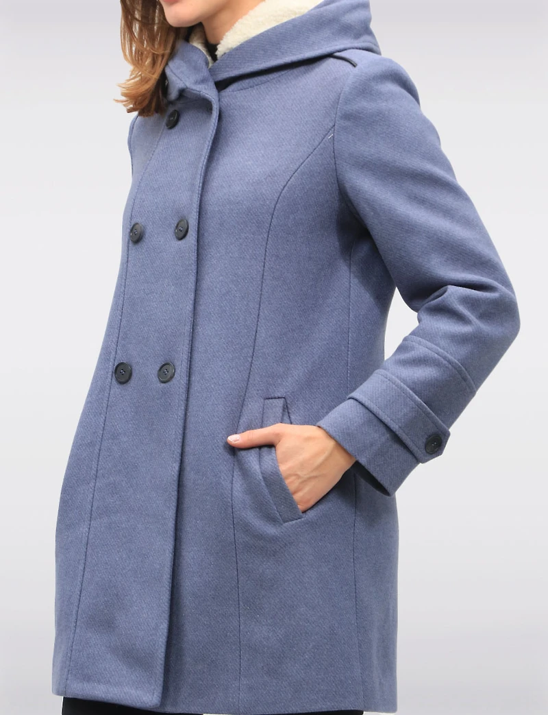 Nelly Double-Breasted Wool-Blend Coat with Sherpa-Lined Attached Hood by Saki
