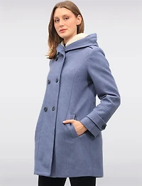Nelly Double-Breasted Wool-Blend Coat with Sherpa-Lined Attached Hood by Saki
