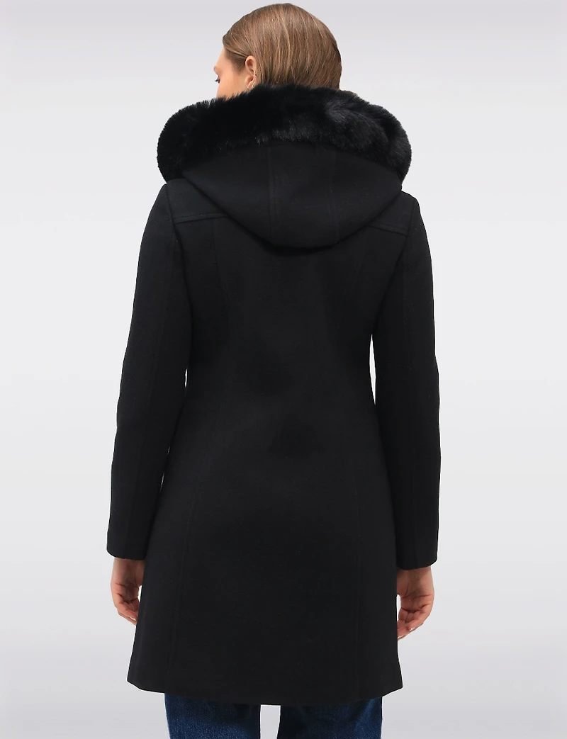 Elegant Straight Cut Wool Blend Coat with Detachable Faux Fur Trim Hood by Saki