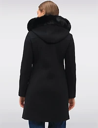 Elegant Straight Cut Wool Blend Coat with Detachable Faux Fur Trim Hood by Saki