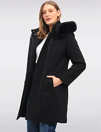 Elegant Straight Cut Wool Blend Coat with Detachable Faux Fur Trim Hood by Saki