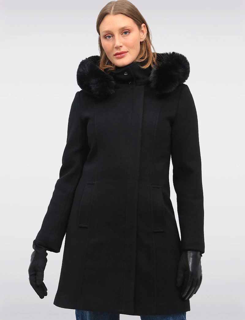 Elegant Straight Cut Wool Blend Coat with Detachable Faux Fur Trim Hood by Saki