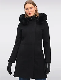 Elegant Straight Cut Wool Blend Coat with Detachable Faux Fur Trim Hood by Saki