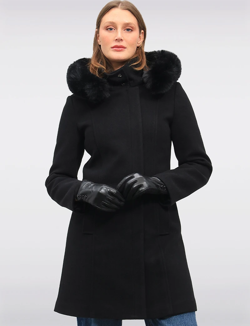 Elegant Straight Cut Wool Blend Coat with Detachable Faux Fur Trim Hood by Saki