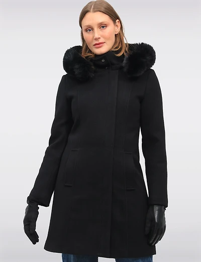 Elegant Straight Cut Wool Blend Coat with Detachable Faux Fur Trim Hood by Saki